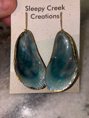 Hand Crafted mussel shell Drop Earrings with Gold Trim, 2 3/4 inch drop
